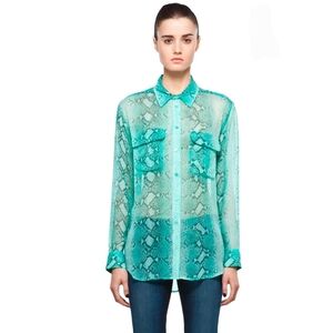 Equipment Signature Python Blouse Blue Silk Snakeskin Long Sleeve Button Shirt